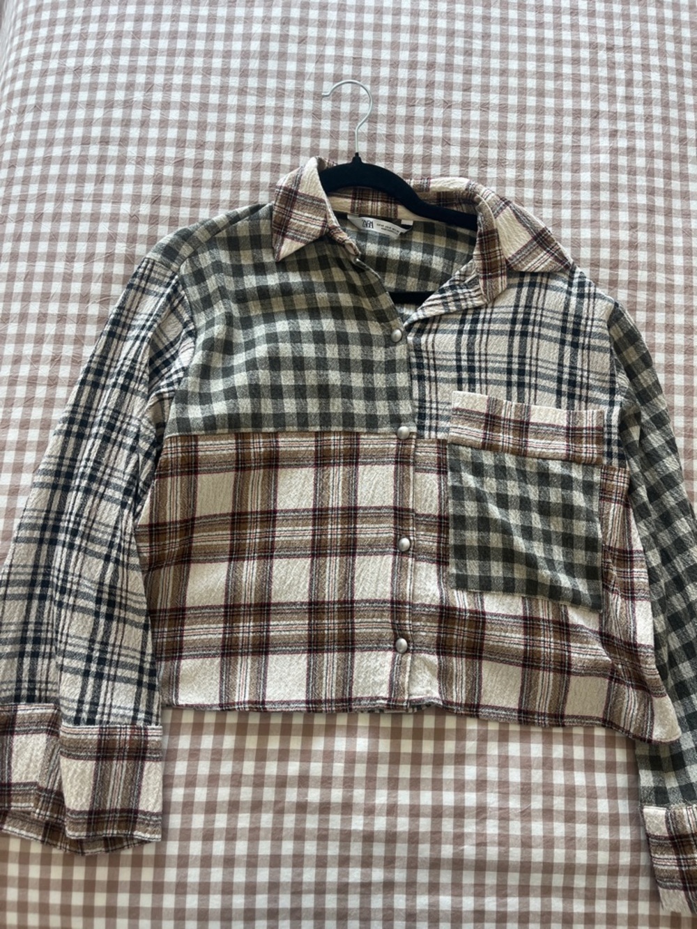 Zara Patchwork Plaid Button-Down Shirt Jacket in Cream, Brown & Black
